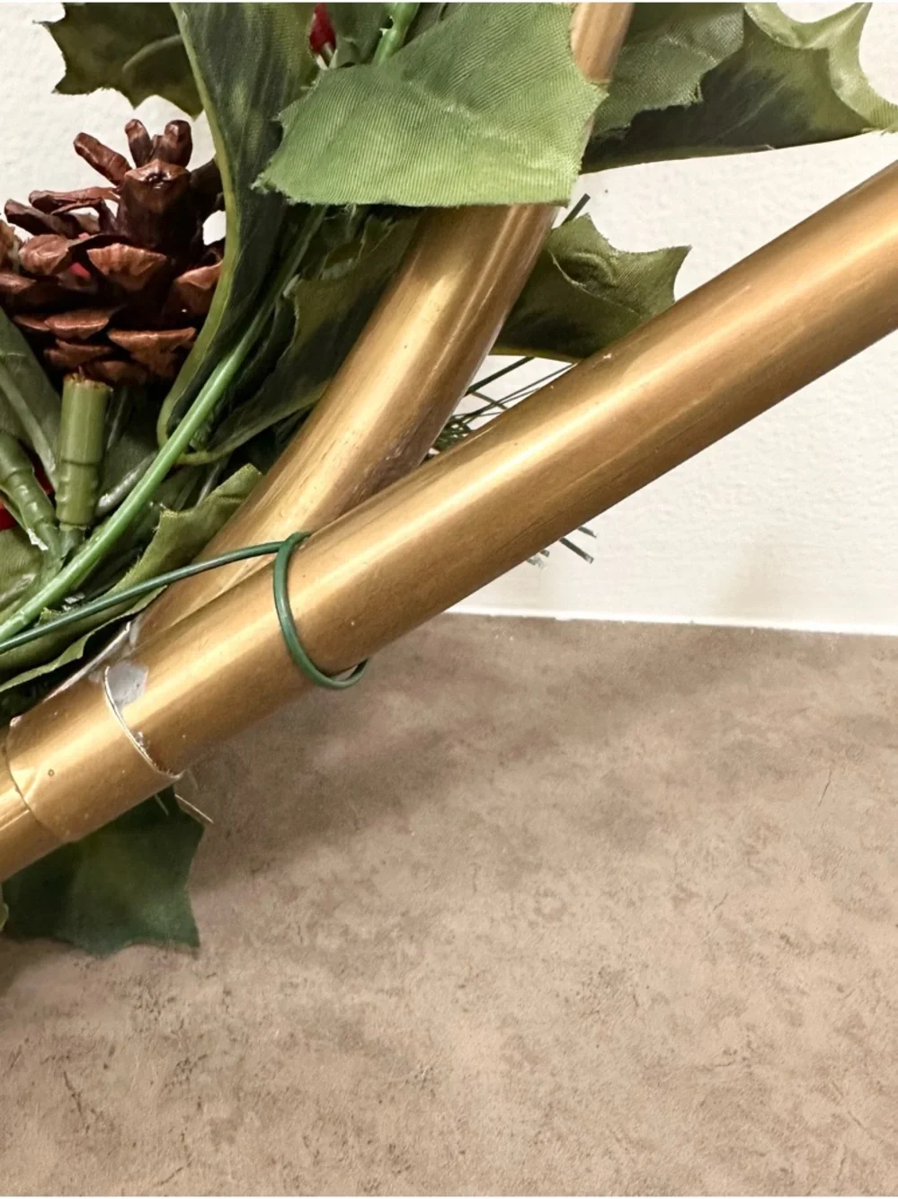 Large Holiday Brass French Horn Wreath Holly Berry Pine Accents Christmas Wreath